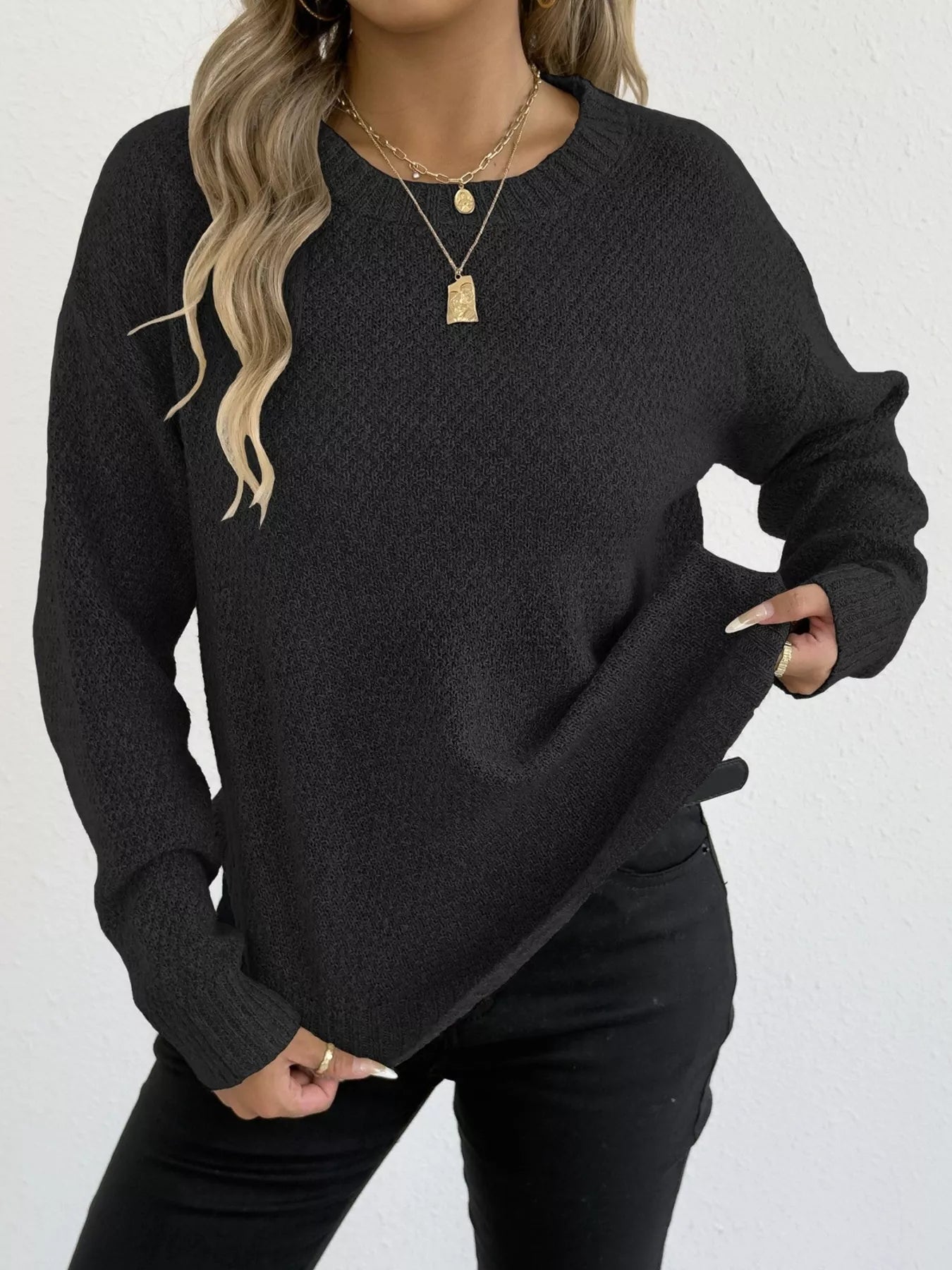 Crowned Energy CO. Black / S Trendsi Sweaters & Cardigans/Cardigans Textured Knit Relaxed Fit Round Neck Sweater