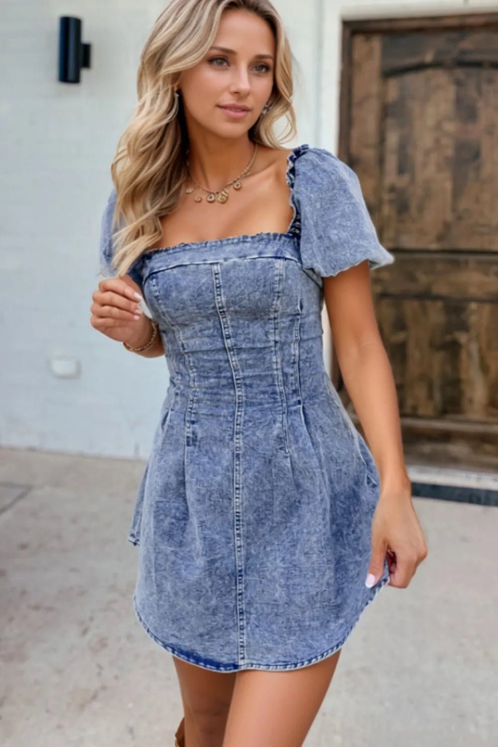 Tie Back Square Neck Puff Sleeve Denim Dress - Crowned Energy CO.