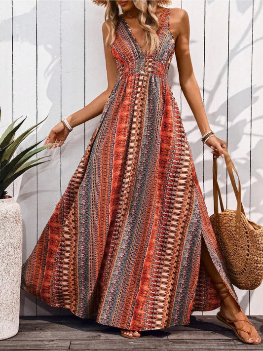 Crowned Energy CO. Orange-Red / S Trendsi Dresses/Maxi Dresses Tied Back Printed Sleeveless Maxi Slit Dress