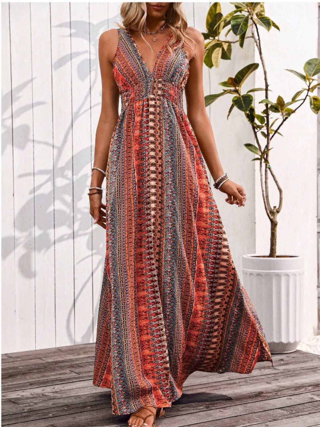 Crowned Energy CO. Orange-Red / S Trendsi Dresses/Maxi Dresses Tied Back Printed Sleeveless Maxi Slit Dress