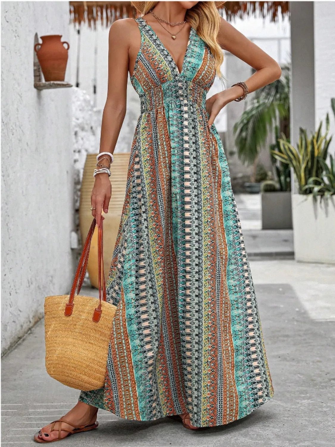 Crowned Energy CO. Orange-Red / S Trendsi Dresses/Maxi Dresses Tied Back Printed Sleeveless Maxi Slit Dress