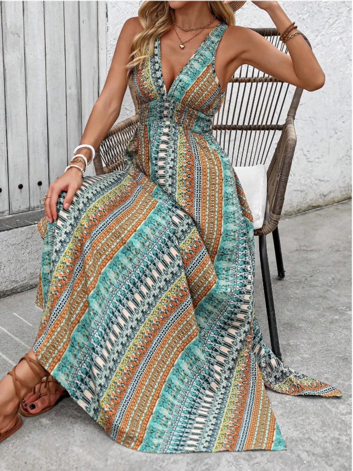 Crowned Energy CO. Orange-Red / S Trendsi Dresses/Maxi Dresses Tied Back Printed Sleeveless Maxi Slit Dress