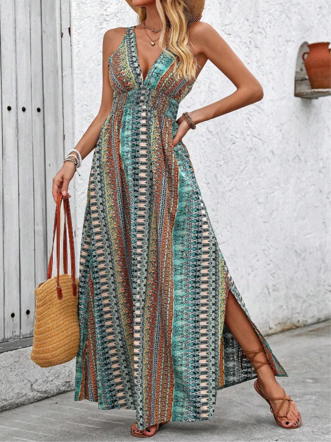 Crowned Energy CO. Turquoise / S Trendsi Dresses/Maxi Dresses Tied Back Printed Sleeveless Maxi Slit Dress