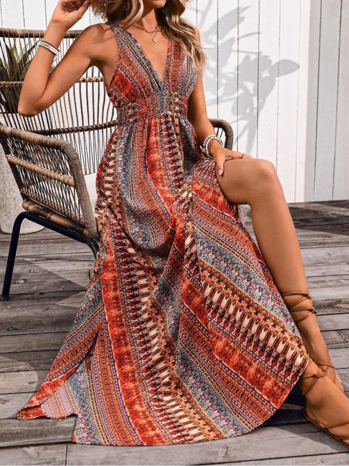 Crowned Energy CO. Orange-Red / S Trendsi Dresses/Maxi Dresses Tied Back Printed Sleeveless Maxi Slit Dress