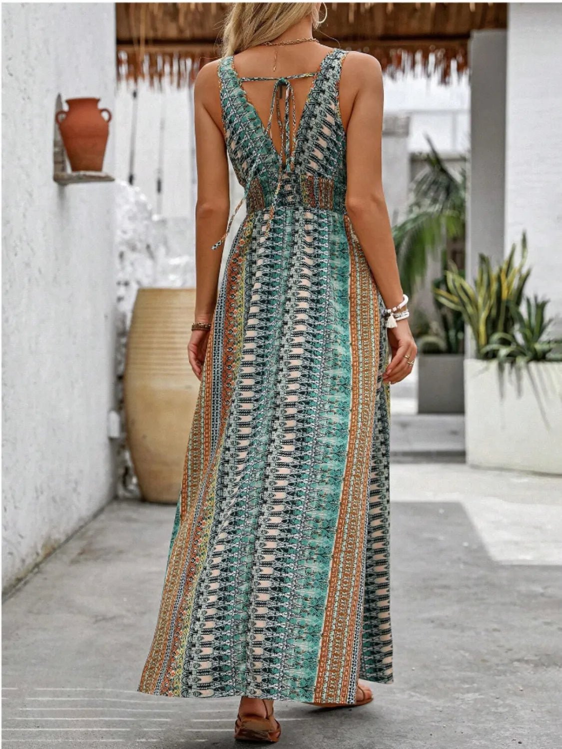 Crowned Energy CO. Orange-Red / S Trendsi Dresses/Maxi Dresses Tied Back Printed Sleeveless Maxi Slit Dress