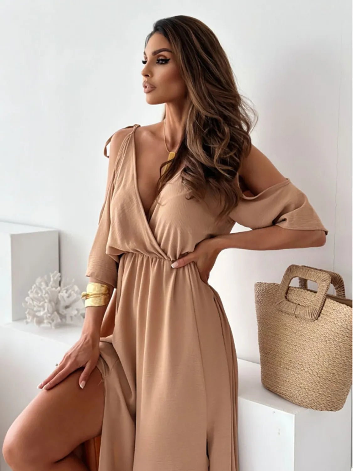Crowned Energy CO. Camel / S Trendsi Dresses/Maxi Dresses Tied Shoulder Slit Maxi Dress