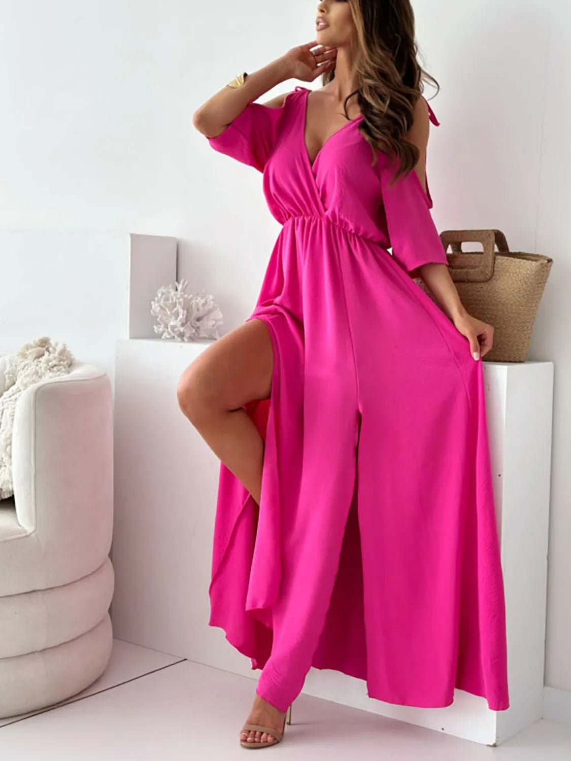 Crowned Energy CO. Hot Pink / S Trendsi Dresses/Maxi Dresses Tied Shoulder Slit Maxi Dress