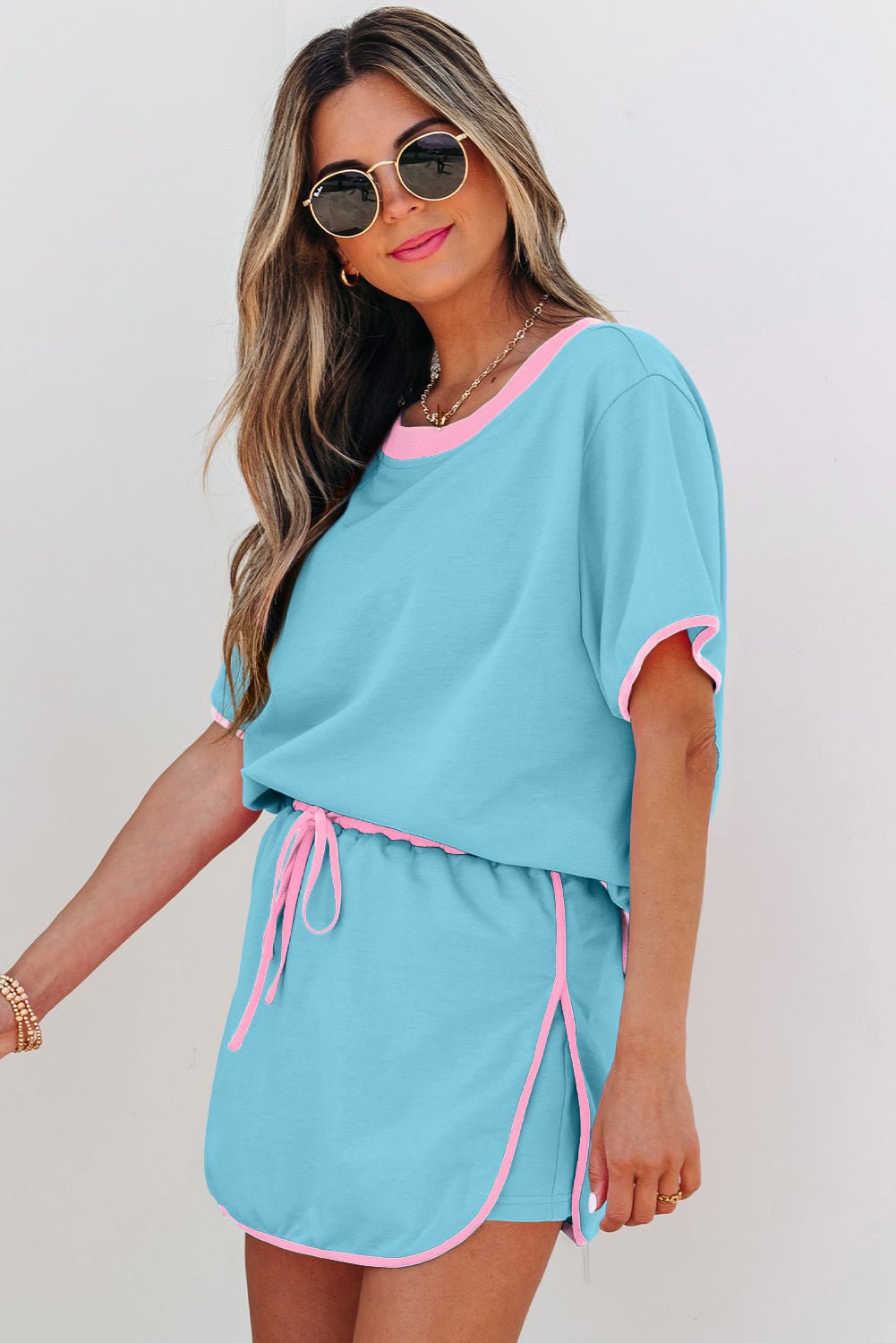 Crowned Energy CO. Turquoise / S / 75%Polyester+20%Cotton+5%Elastane Dear-Lover Dropshipping Two Piece Sets/Two Piece Dresses Turquoise Colorblock Edge Drop Shoulder T Shirt and Skort 2Pcs Set