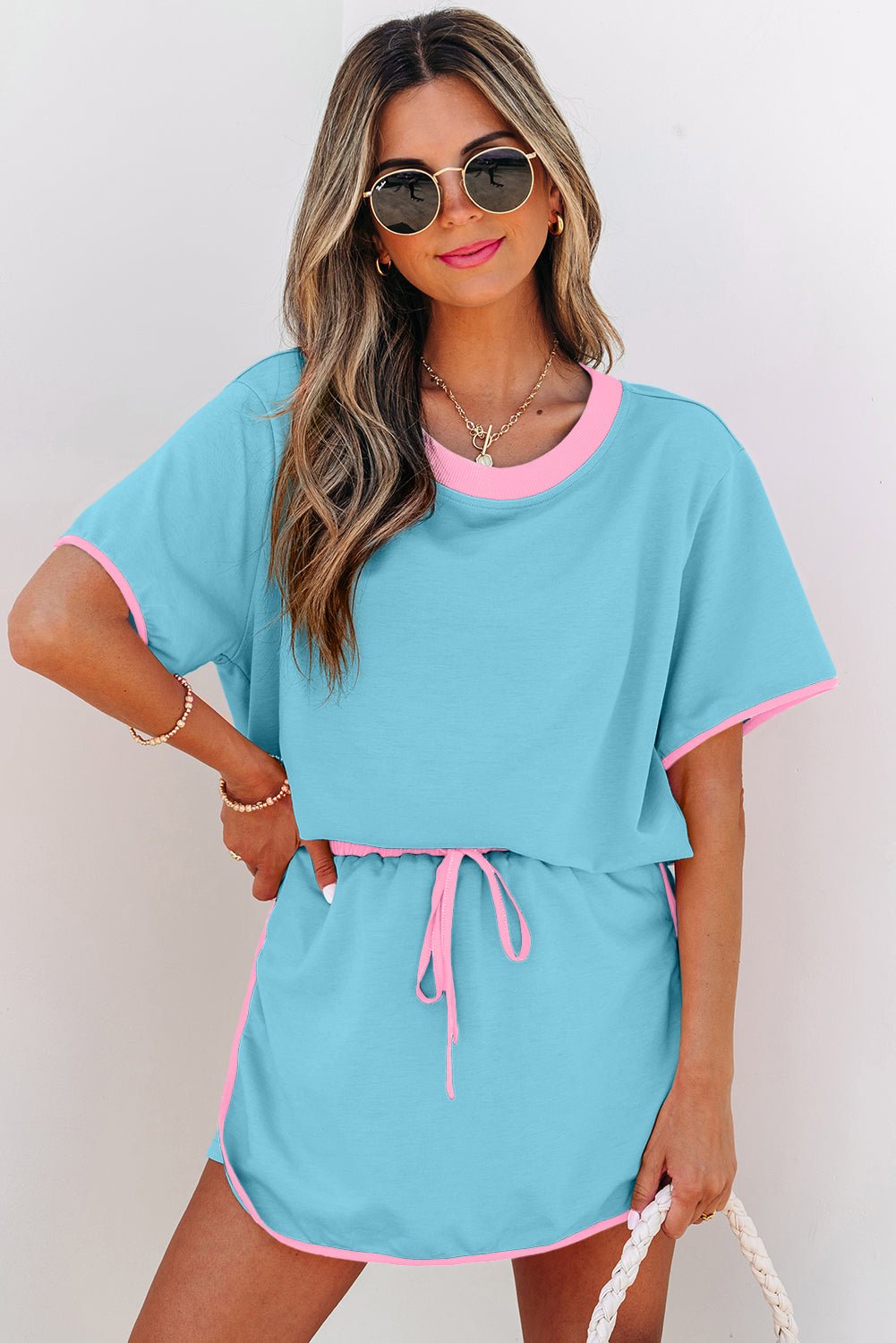 Crowned Energy CO. Turquoise / S / 75%Polyester+20%Cotton+5%Elastane Dear-Lover Dropshipping Two Piece Sets/Two Piece Dresses Turquoise Colorblock Edge Drop Shoulder T Shirt and Skort 2Pcs Set