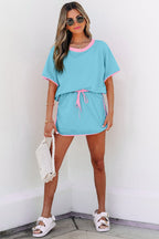 Crowned Energy CO. Turquoise / S / 75%Polyester+20%Cotton+5%Elastane Dear-Lover Dropshipping Two Piece Sets/Two Piece Dresses Turquoise Colorblock Edge Drop Shoulder T Shirt and Skort 2Pcs Set
