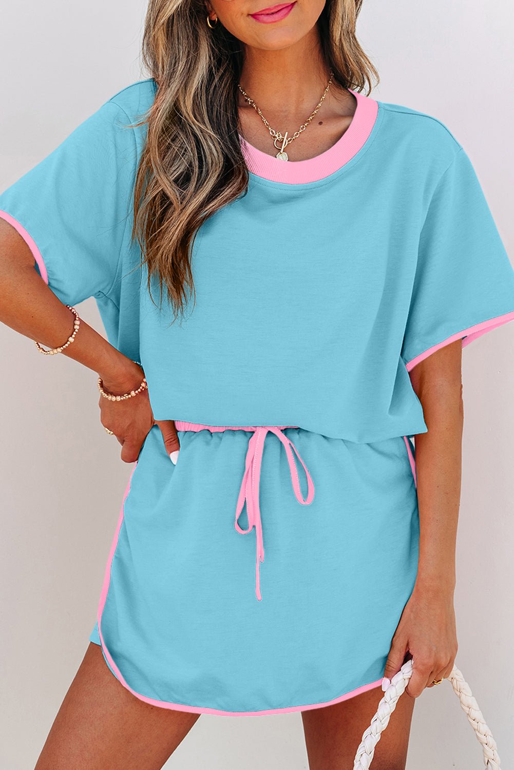 Crowned Energy CO. Turquoise / S / 75%Polyester+20%Cotton+5%Elastane Dear-Lover Dropshipping Two Piece Sets/Two Piece Dresses Turquoise Colorblock Edge Drop Shoulder T Shirt and Skort 2Pcs Set