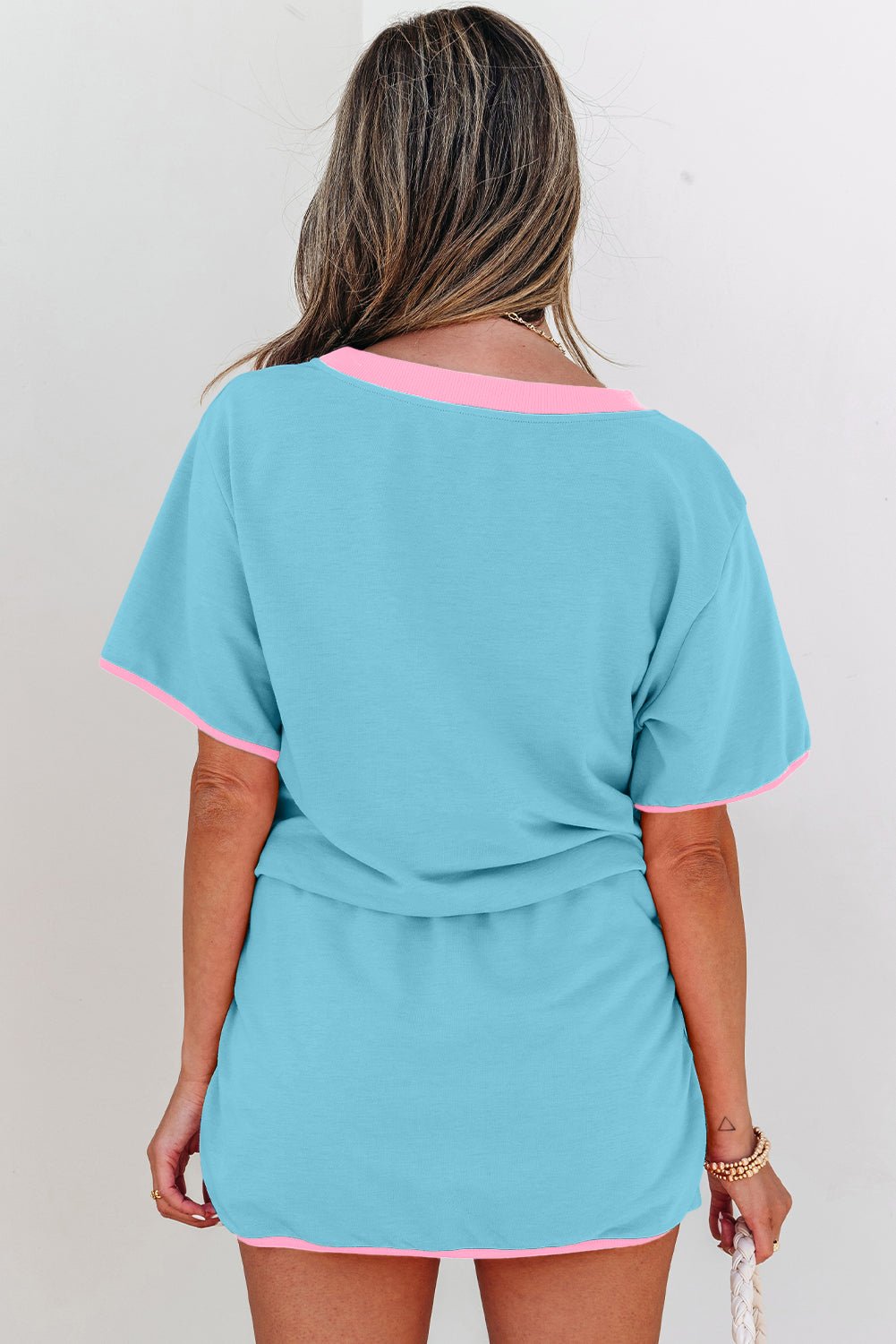 Crowned Energy CO. Turquoise / S / 75%Polyester+20%Cotton+5%Elastane Dear-Lover Dropshipping Two Piece Sets/Two Piece Dresses Turquoise Colorblock Edge Drop Shoulder T Shirt and Skort 2Pcs Set