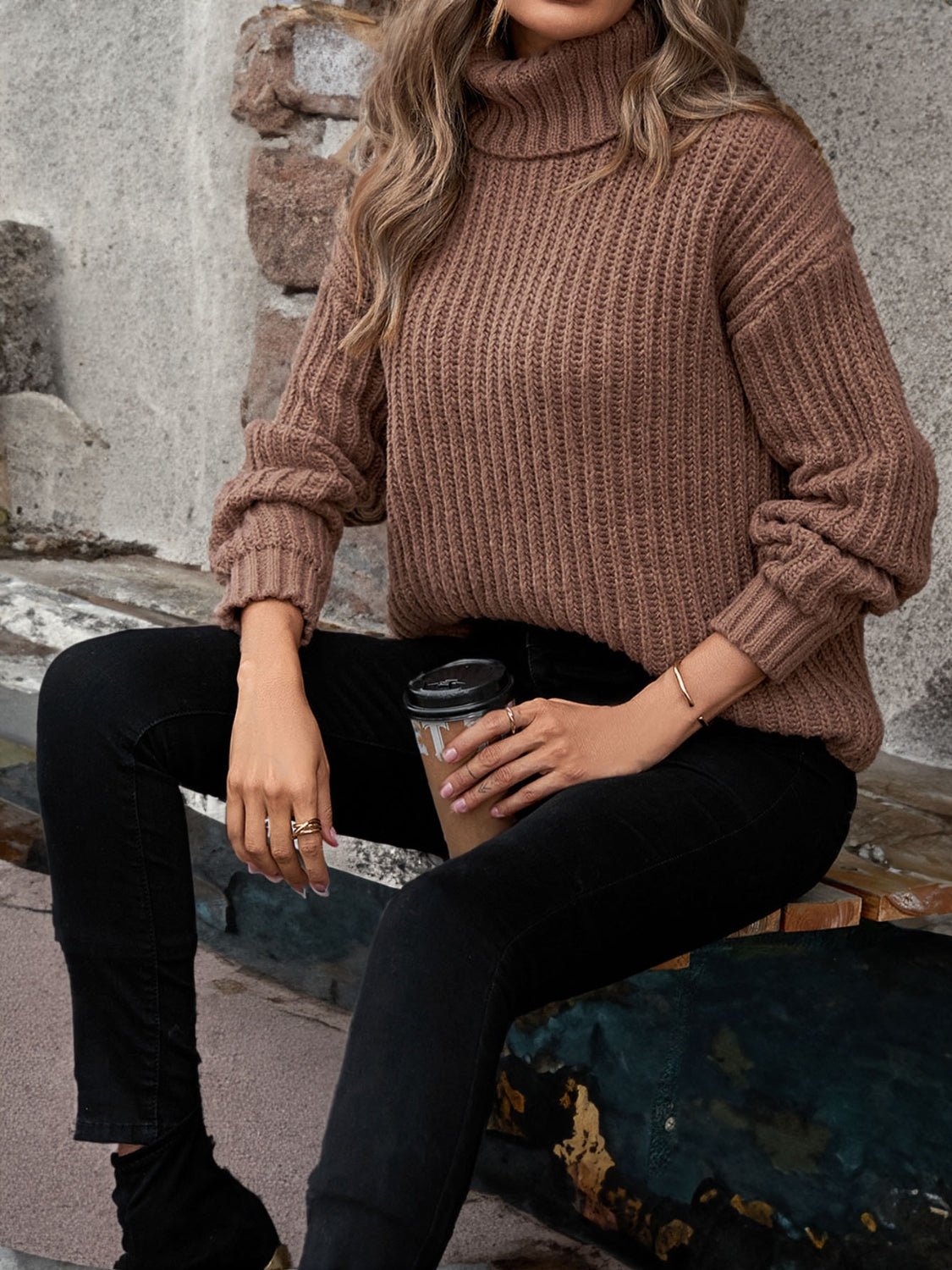 Crowned Energy CO. Caramel / S Trendsi Sweaters & Cardigans/Cardigans Turtleneck Rib-Knit Sweater