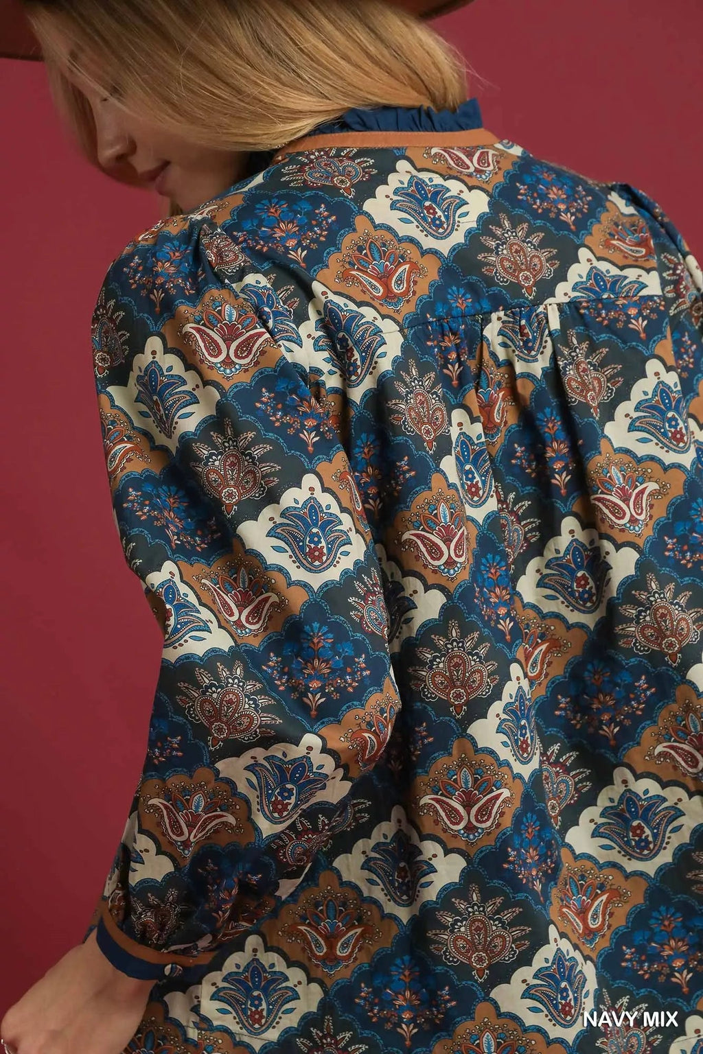 Crowned Energy CO. NAVY MIX / S Trendsi Tops/Blouses & Shirts Umgee Abstract Print Ruffle Neck Top