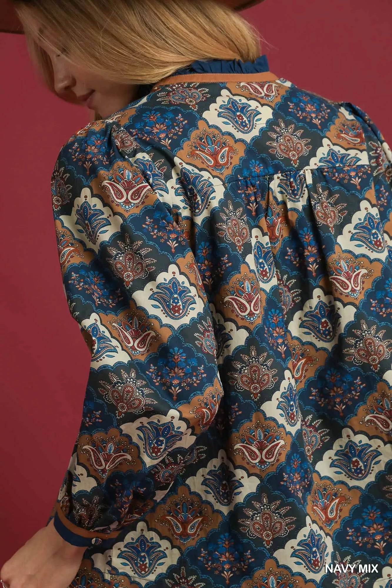 Crowned Energy CO. NAVY MIX / S Trendsi Tops/Blouses & Shirts Umgee Abstract Print Ruffle Neck Top