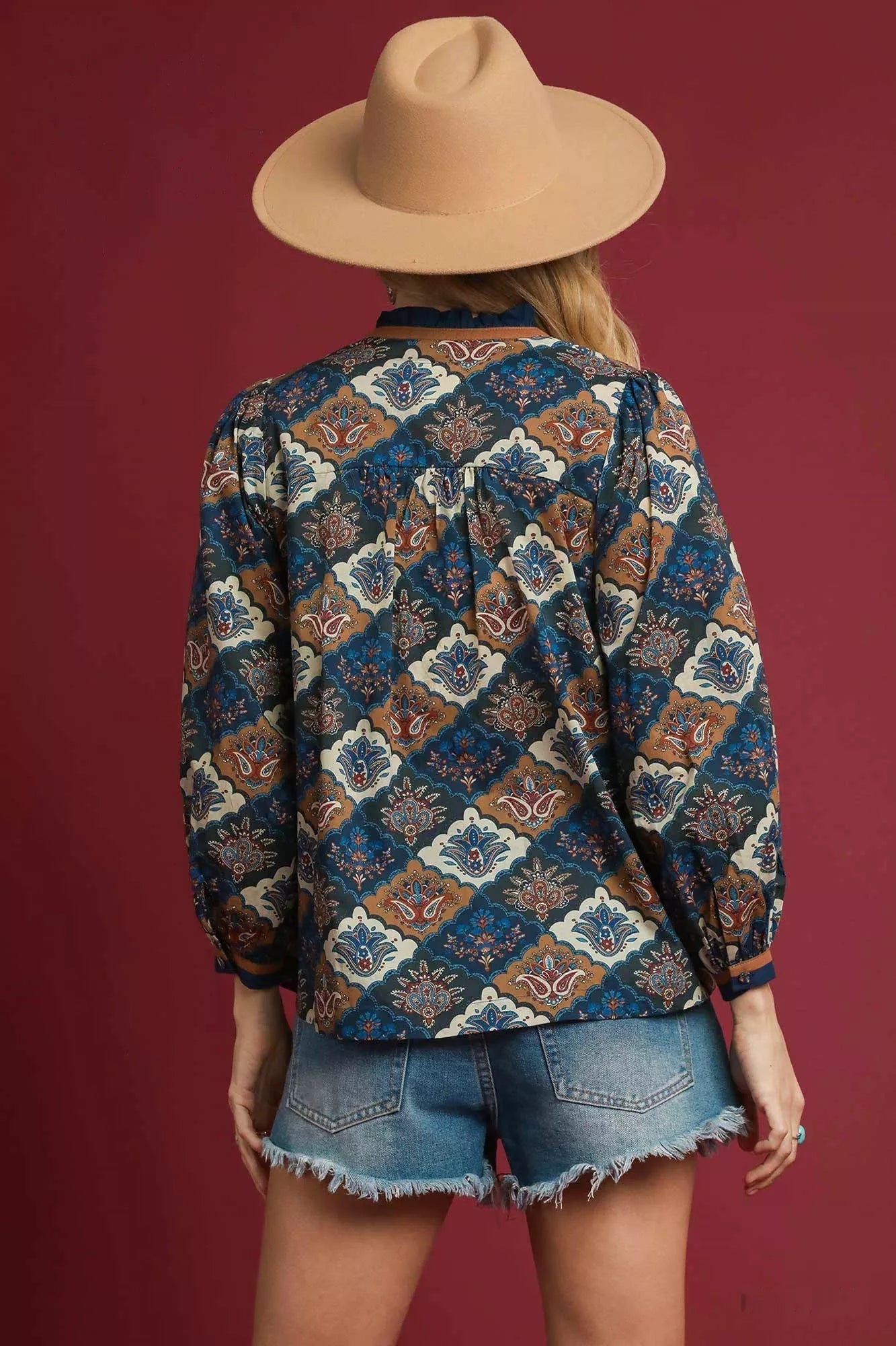 Crowned Energy CO. NAVY MIX / S Trendsi Tops/Blouses & Shirts Umgee Abstract Print Ruffle Neck Top