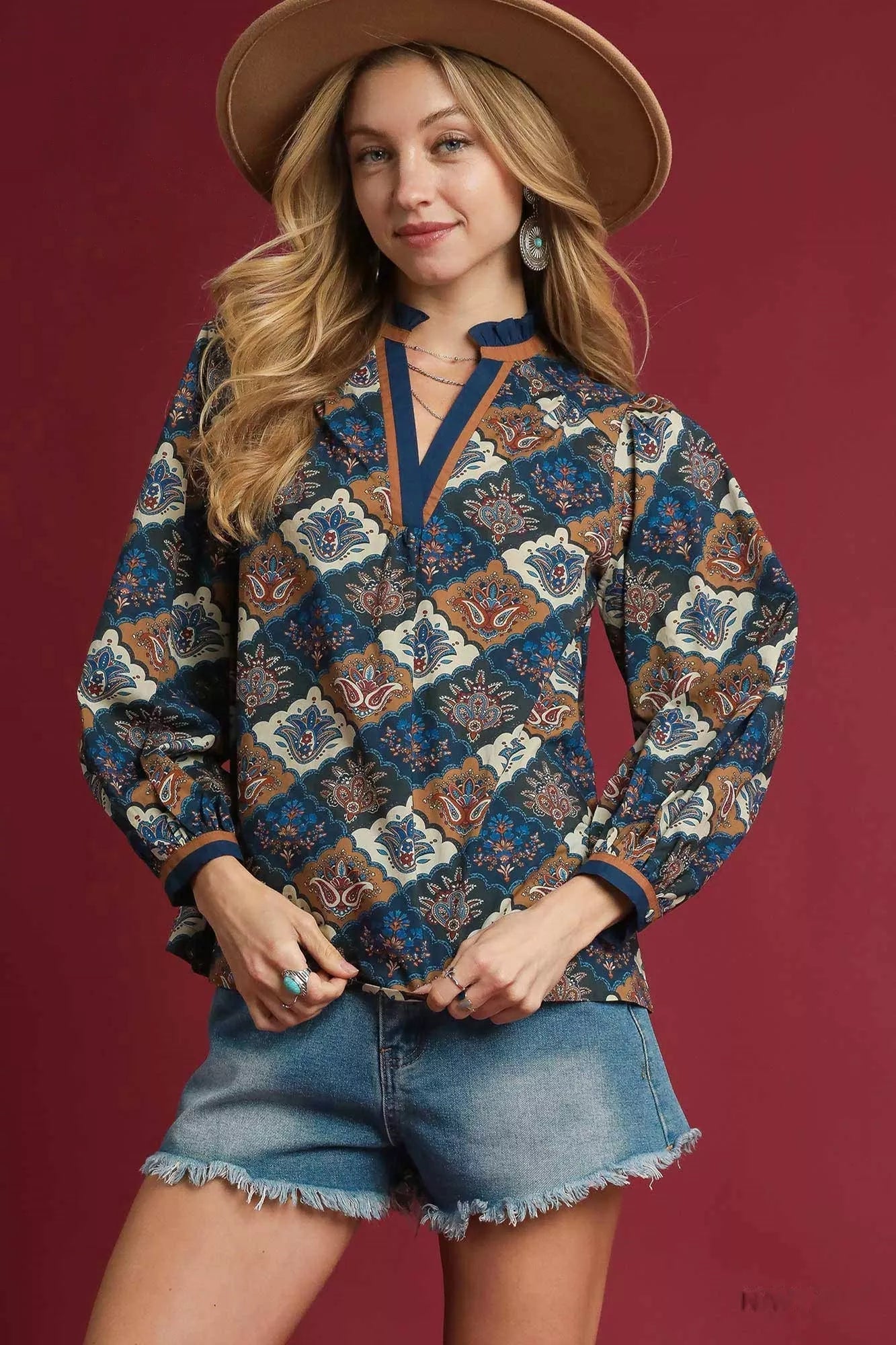 Crowned Energy CO. NAVY MIX / S Trendsi Tops/Blouses & Shirts Umgee Abstract Print Ruffle Neck Top