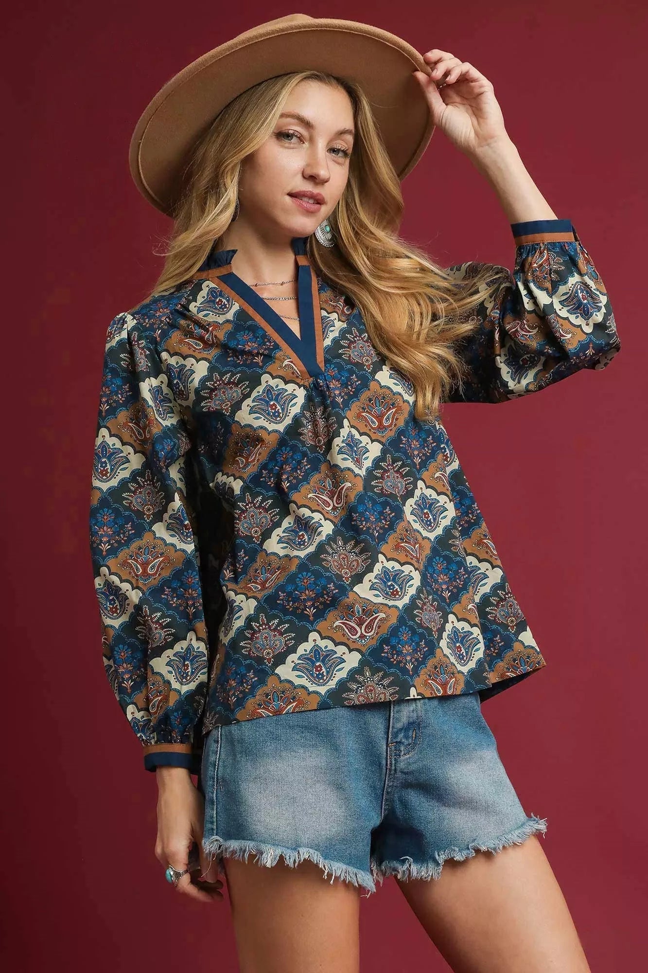 Crowned Energy CO. NAVY MIX / S Trendsi Tops/Blouses & Shirts Umgee Abstract Print Ruffle Neck Top