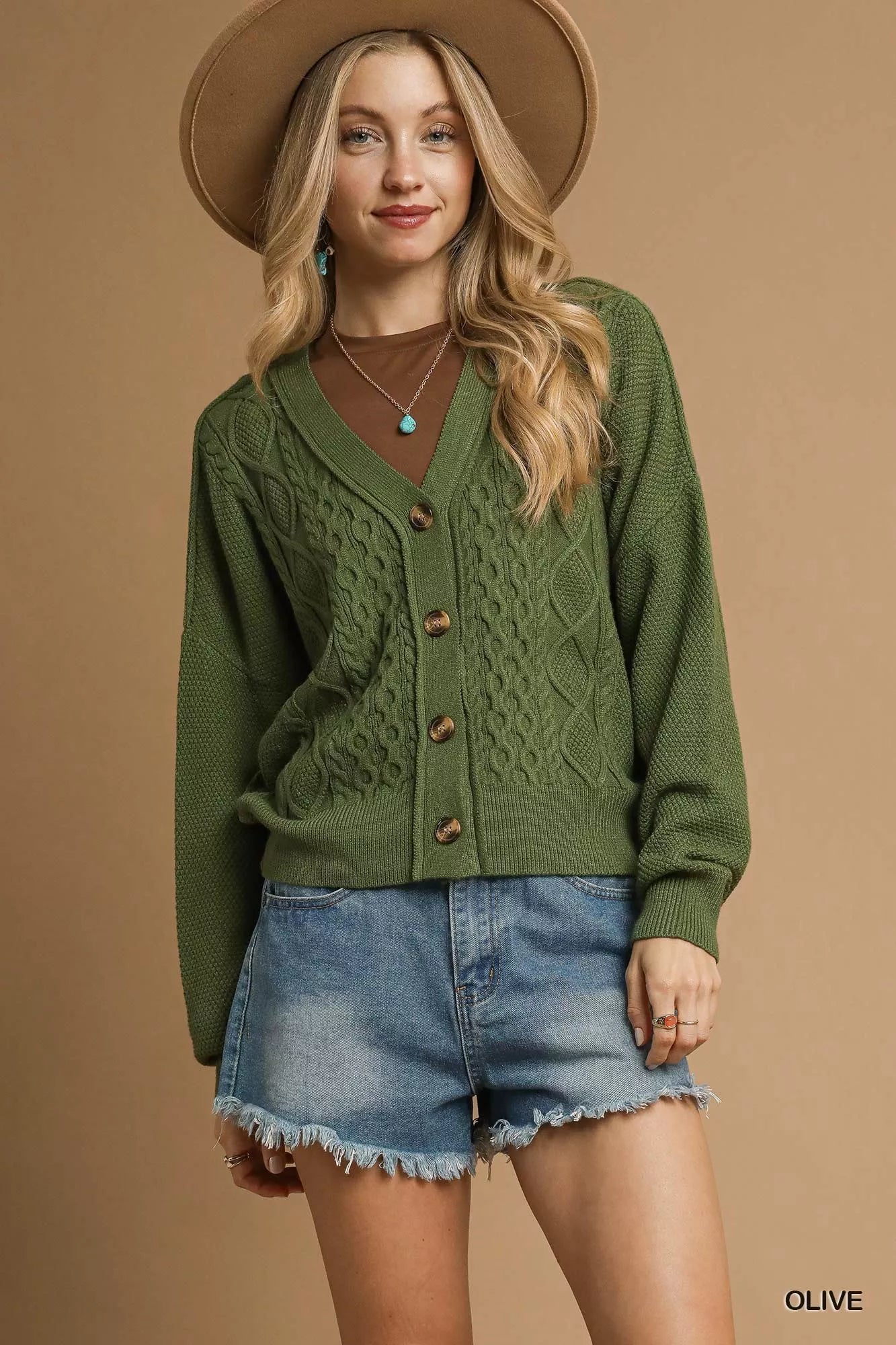 Crowned Energy CO. Olive / S Trendsi Sweaters & Cardigans/Cardigans Umgee Chunky Cable Knit V-Neck Button-Up Cardigan