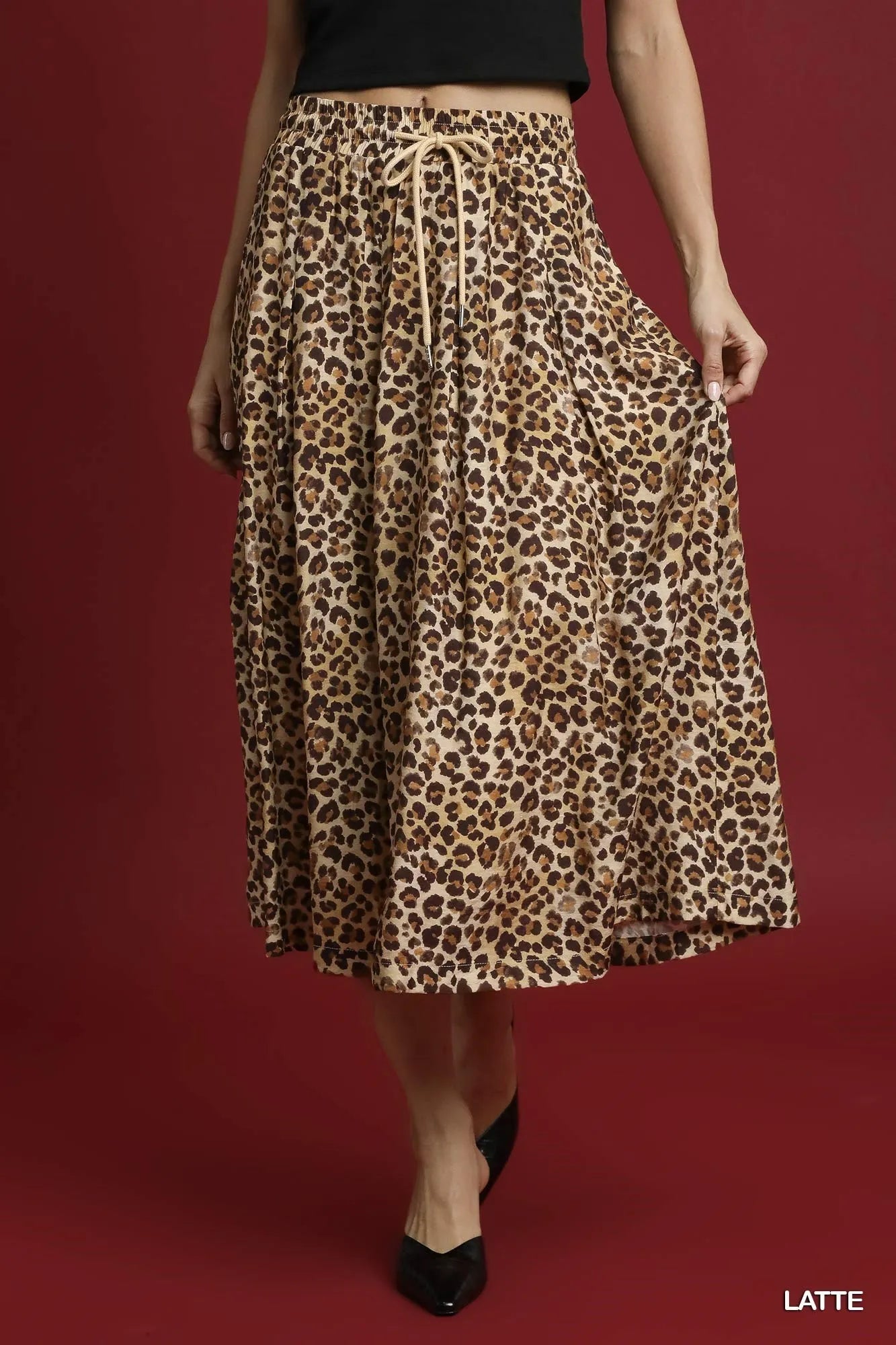 Umgee Drawstring Leopard Midi Skirt - Crowned Energy CO.