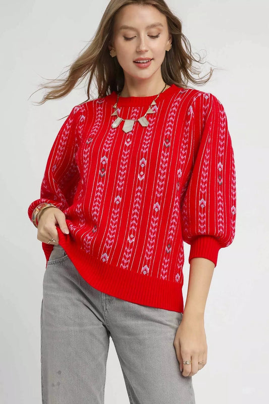 Crowned Energy CO. Red / S Trendsi Sweaters & Cardigans/Cardigans Umgee Jacquard Knit Puff Sleeve Sweater