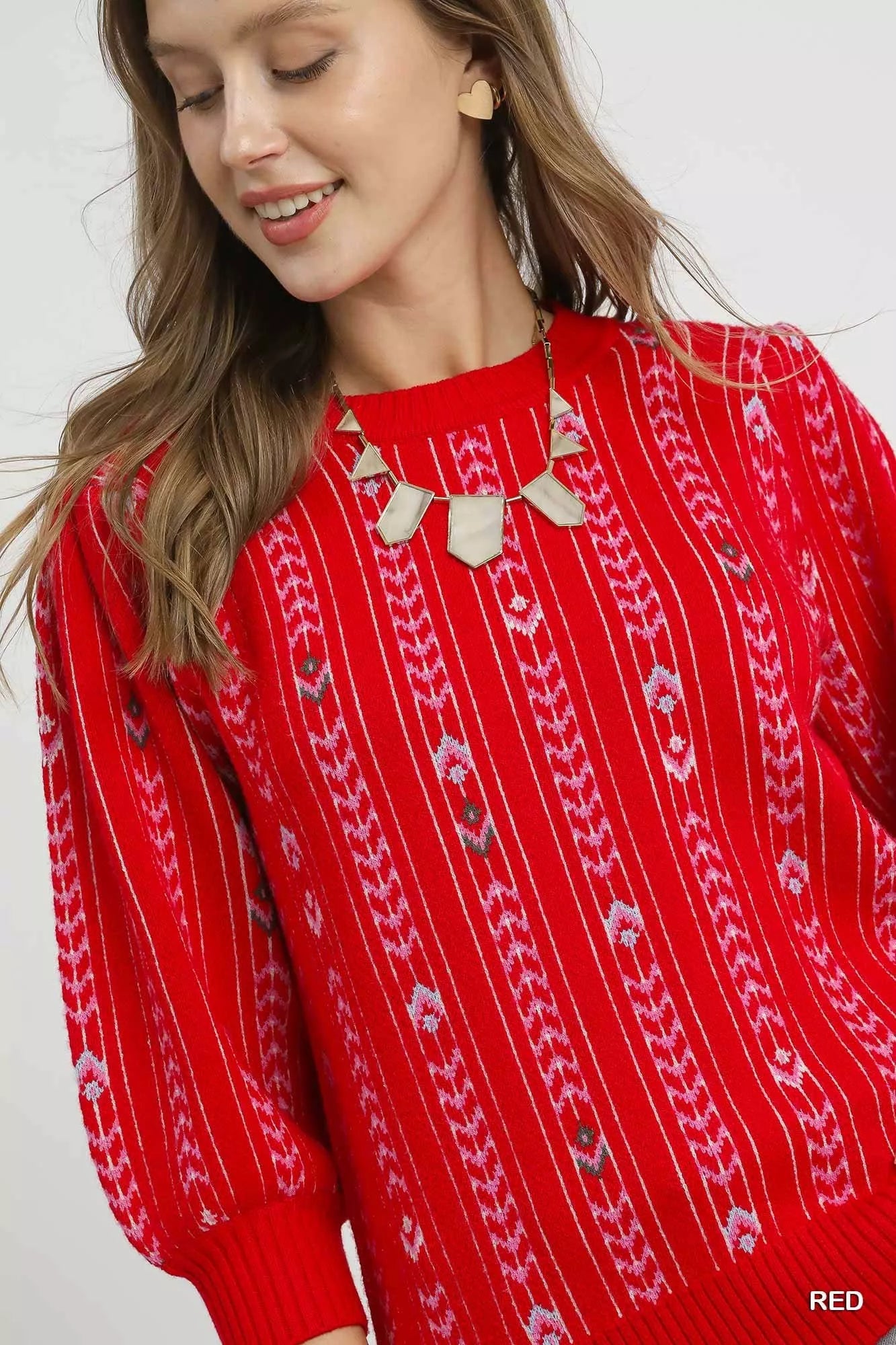 Crowned Energy CO. Red / S Trendsi Sweaters & Cardigans/Cardigans Umgee Jacquard Knit Puff Sleeve Sweater