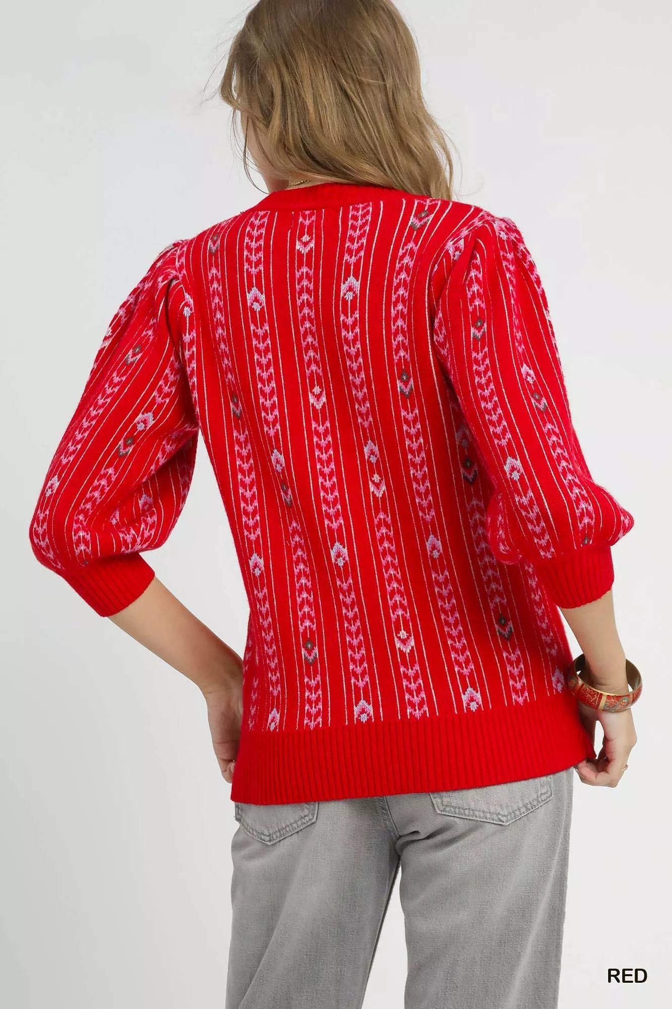 Crowned Energy CO. Red / S Trendsi Sweaters & Cardigans/Cardigans Umgee Jacquard Knit Puff Sleeve Sweater