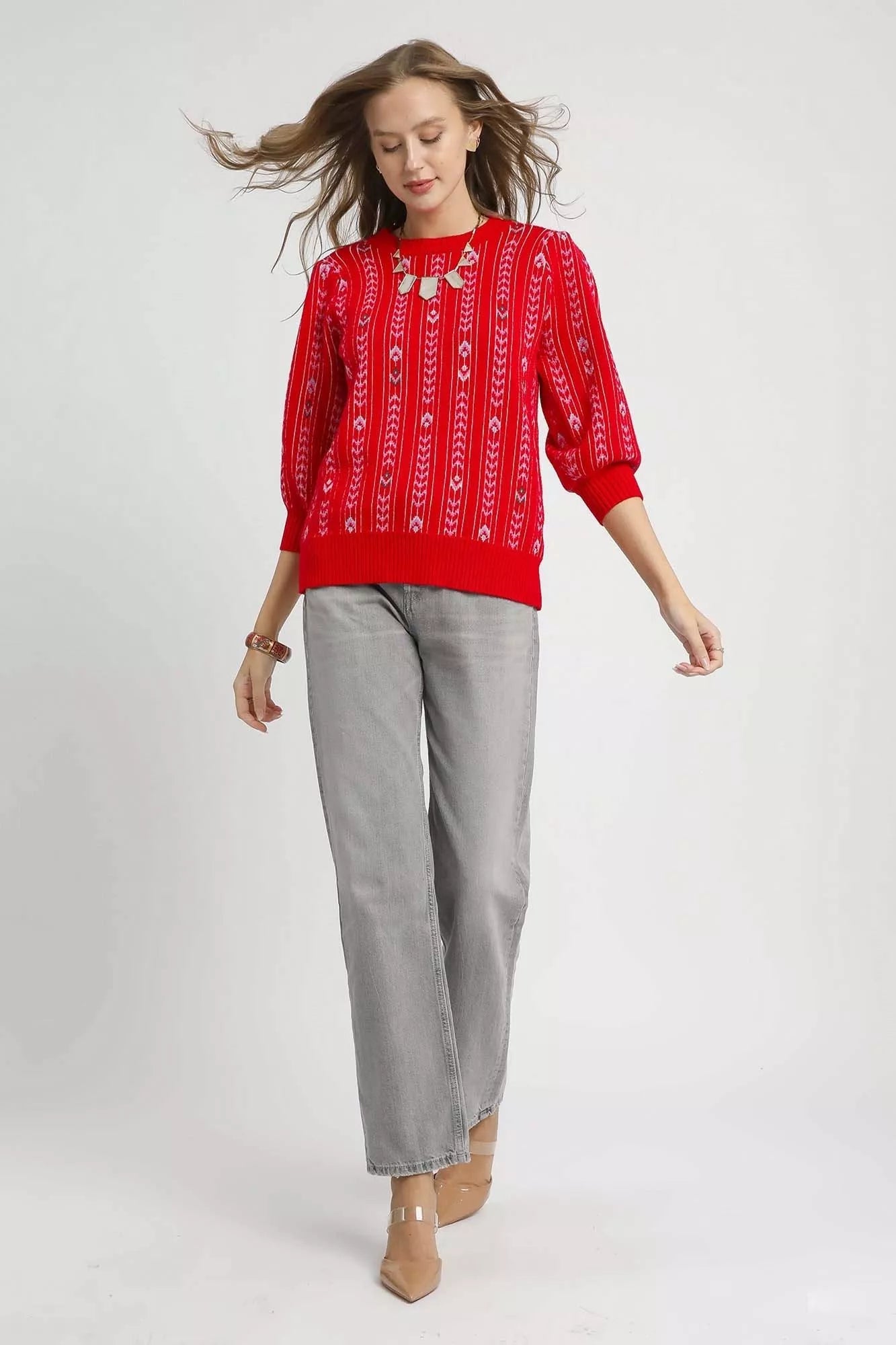 Crowned Energy CO. Red / S Trendsi Sweaters & Cardigans/Cardigans Umgee Jacquard Knit Puff Sleeve Sweater