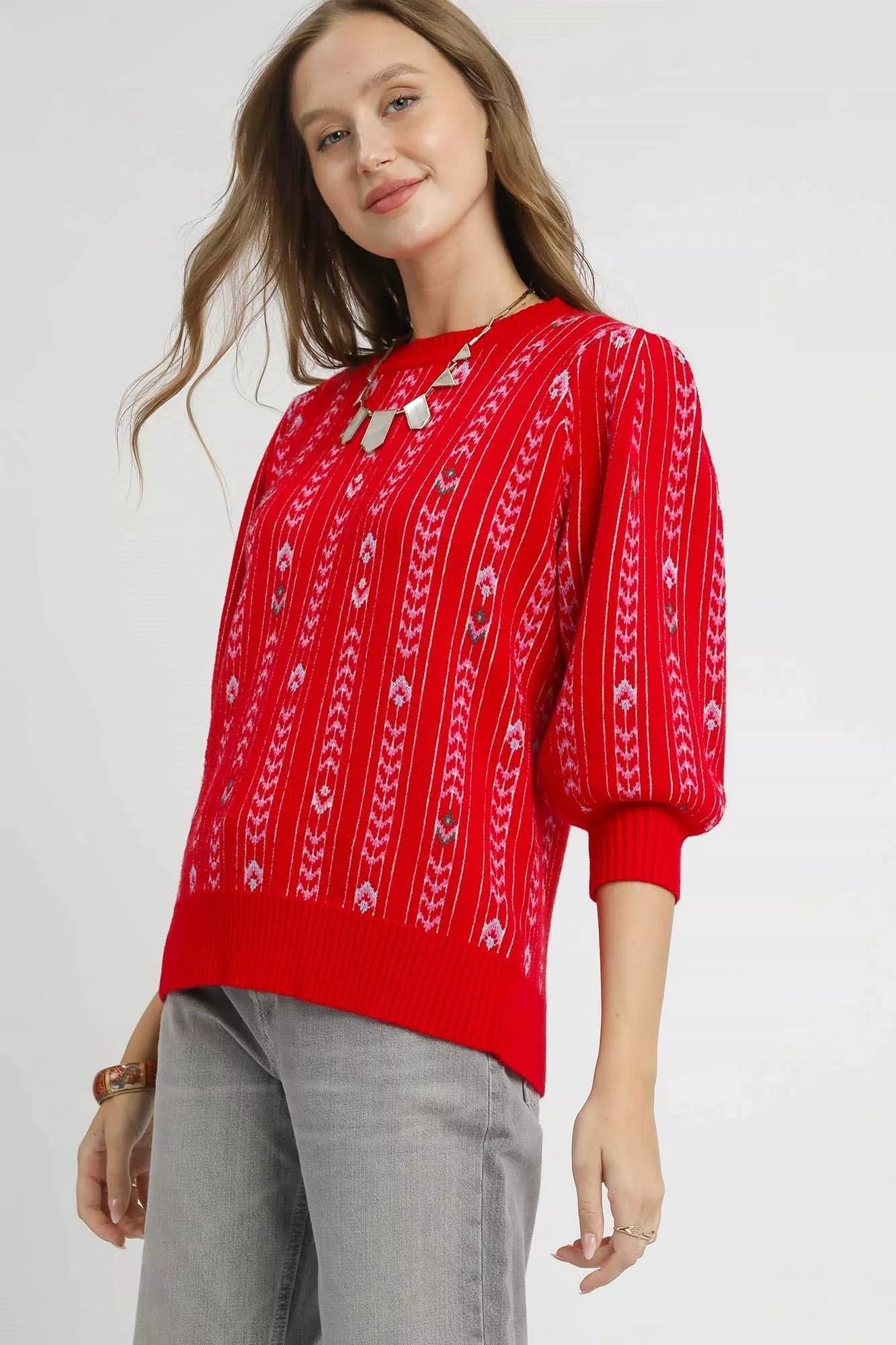 Crowned Energy CO. Red / S Trendsi Sweaters & Cardigans/Cardigans Umgee Jacquard Knit Puff Sleeve Sweater