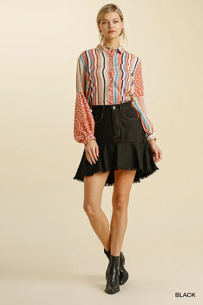 Umgee Linen Blend 5 Pockets High Low Skirt with Frayed Hem - Crowned Energy CO.