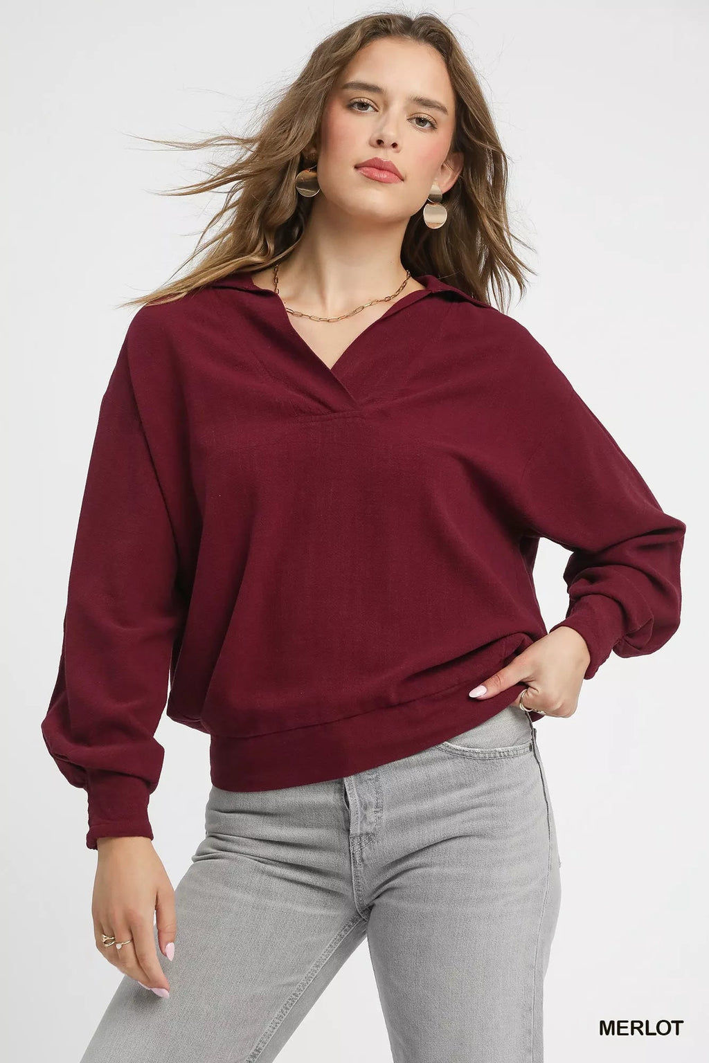 Crowned Energy CO. MERLOT / S Trendsi Sweaters & Cardigans/Cardigans Umgee Linen Long Sleeves Elastic Hem Blouse