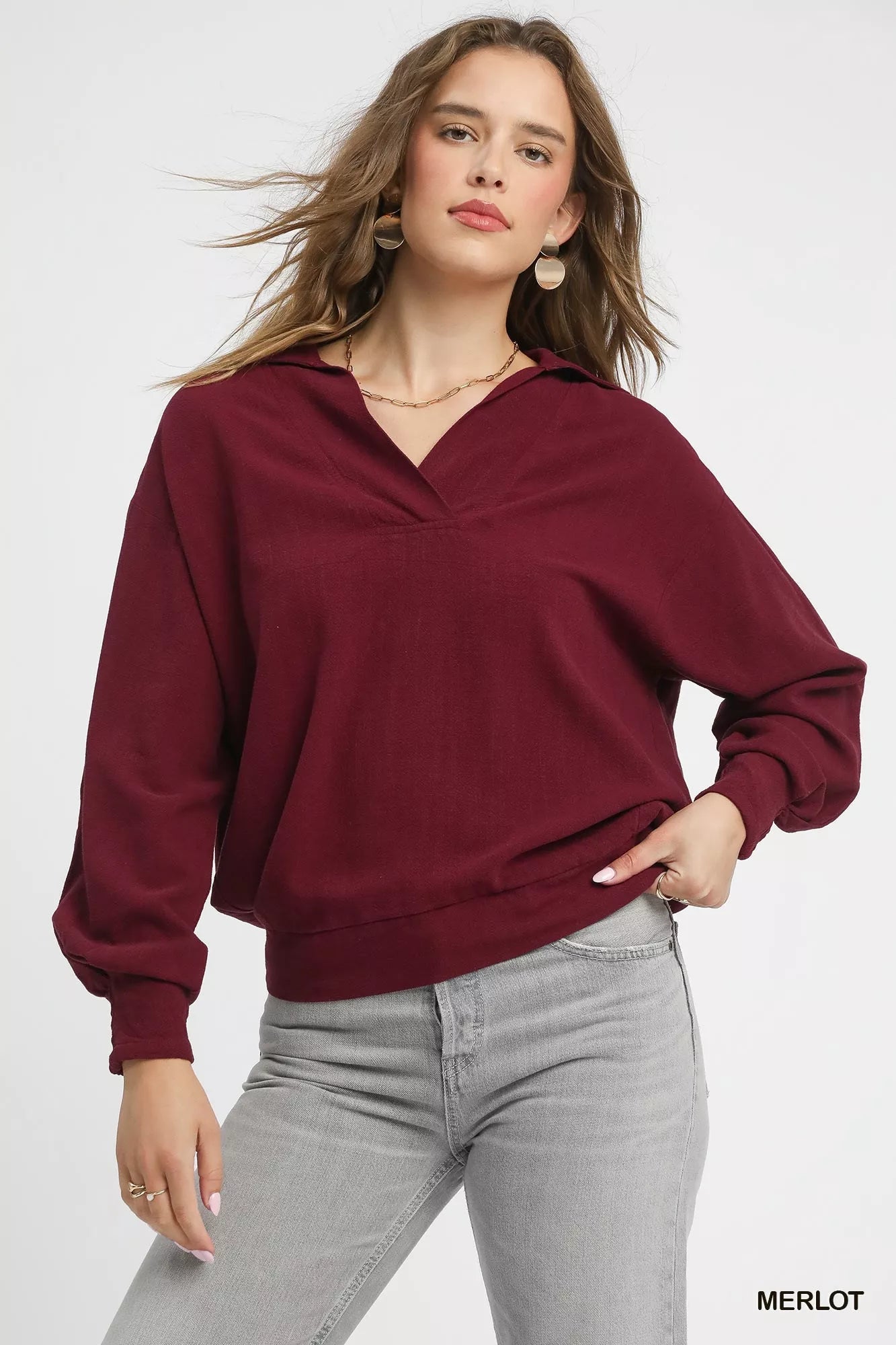 Crowned Energy CO. MERLOT / S Trendsi Sweaters & Cardigans/Cardigans Umgee Linen Long Sleeves Elastic Hem Blouse