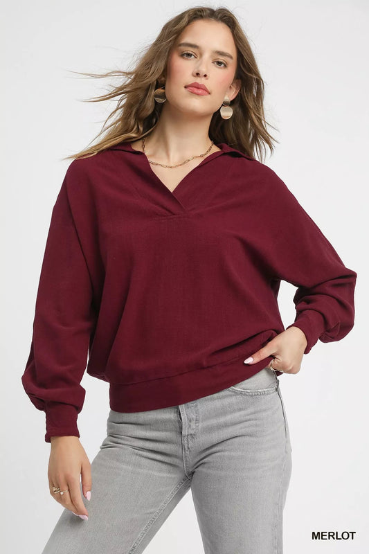 Crowned Energy CO. MERLOT / S Trendsi Sweaters & Cardigans/Cardigans Umgee Linen Long Sleeves Elastic Hem Blouse