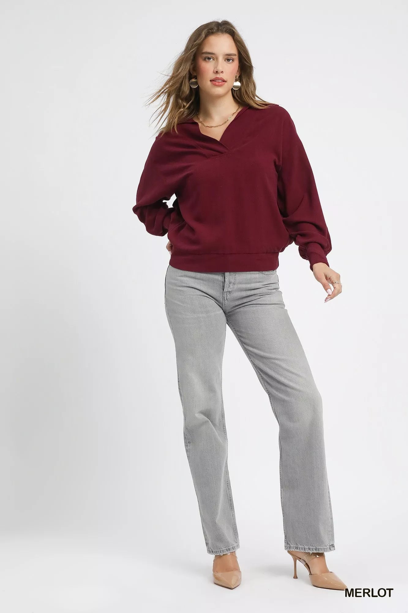 Crowned Energy CO. MERLOT / S Trendsi Sweaters & Cardigans/Cardigans Umgee Linen Long Sleeves Elastic Hem Blouse