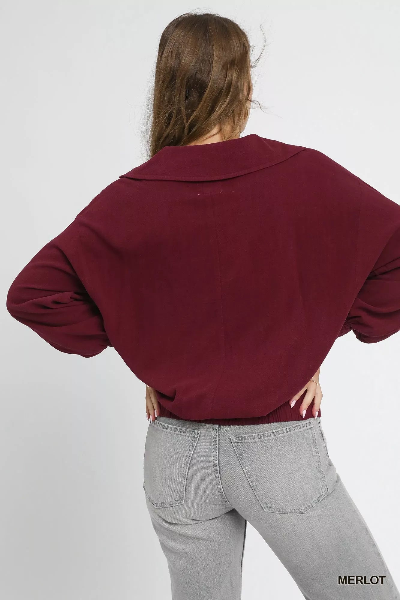 Crowned Energy CO. MERLOT / S Trendsi Sweaters & Cardigans/Cardigans Umgee Linen Long Sleeves Elastic Hem Blouse