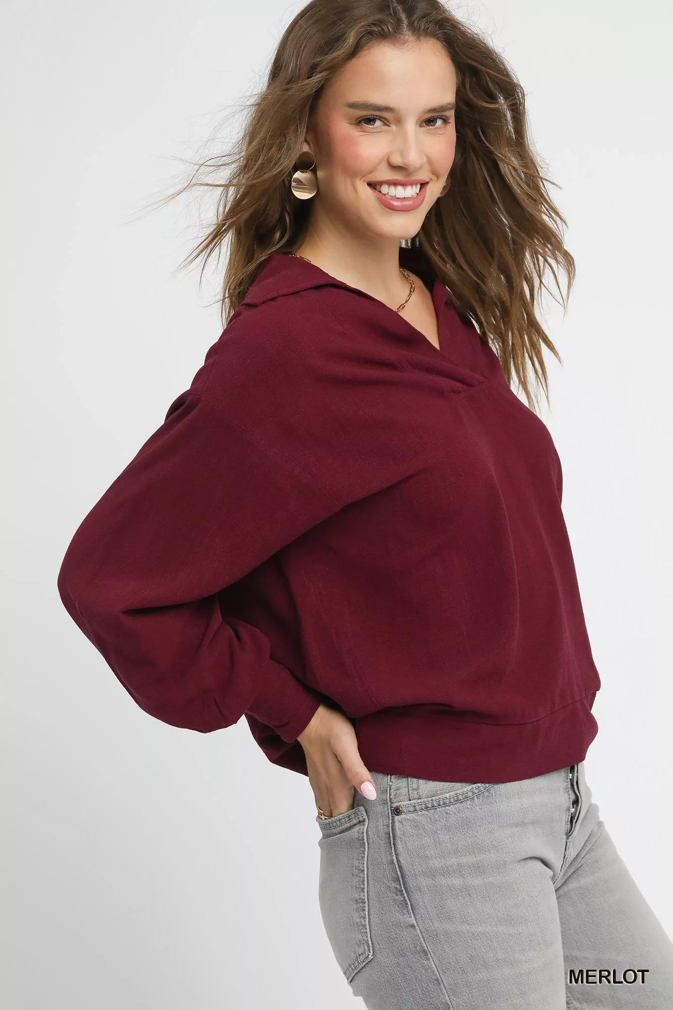 Crowned Energy CO. MERLOT / S Trendsi Sweaters & Cardigans/Cardigans Umgee Linen Long Sleeves Elastic Hem Blouse
