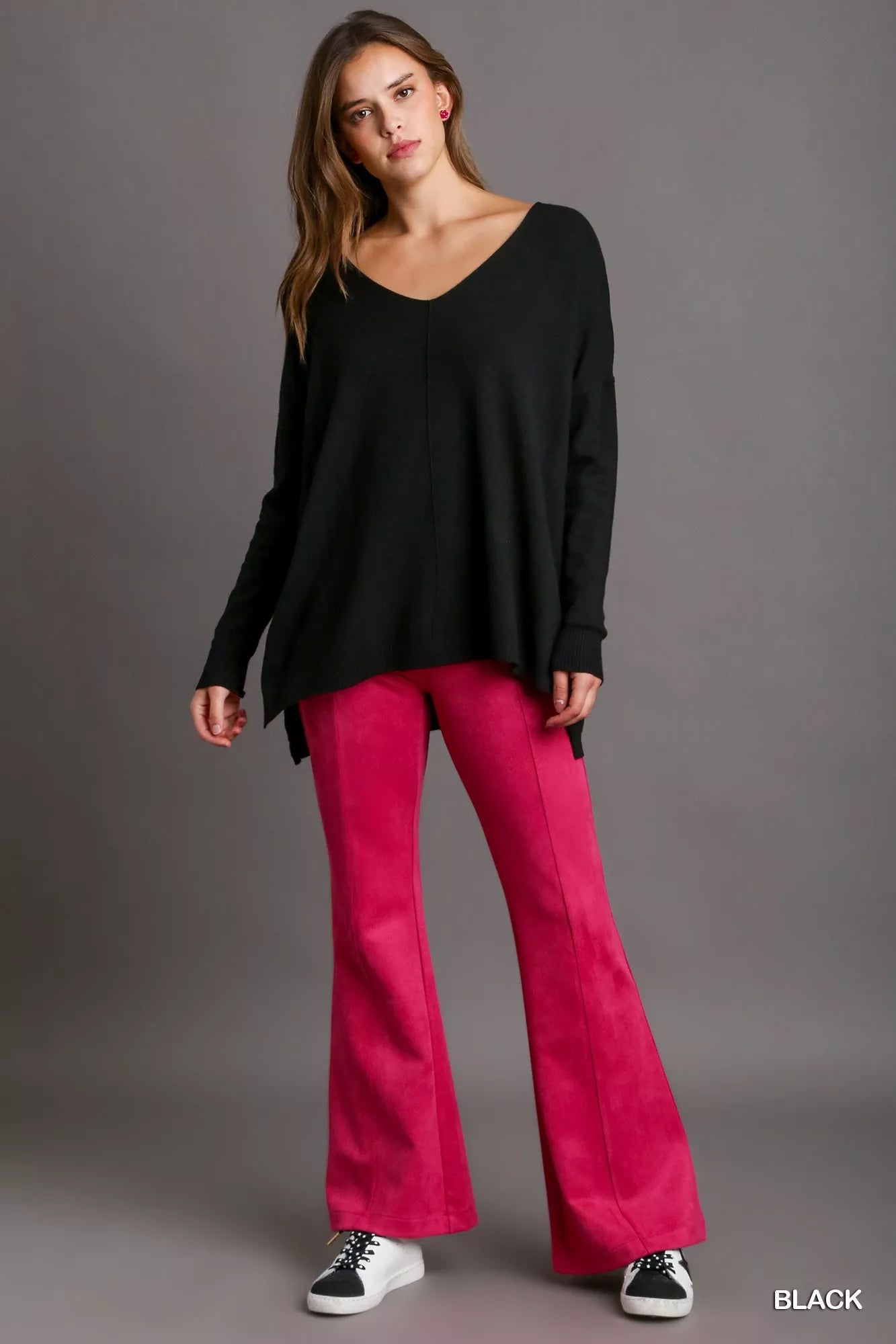 Crowned Energy CO. Black / S Trendsi Sweaters & Cardigans/Cardigans Umgee V-Neck High Low Hem Knit Top with Side Slit