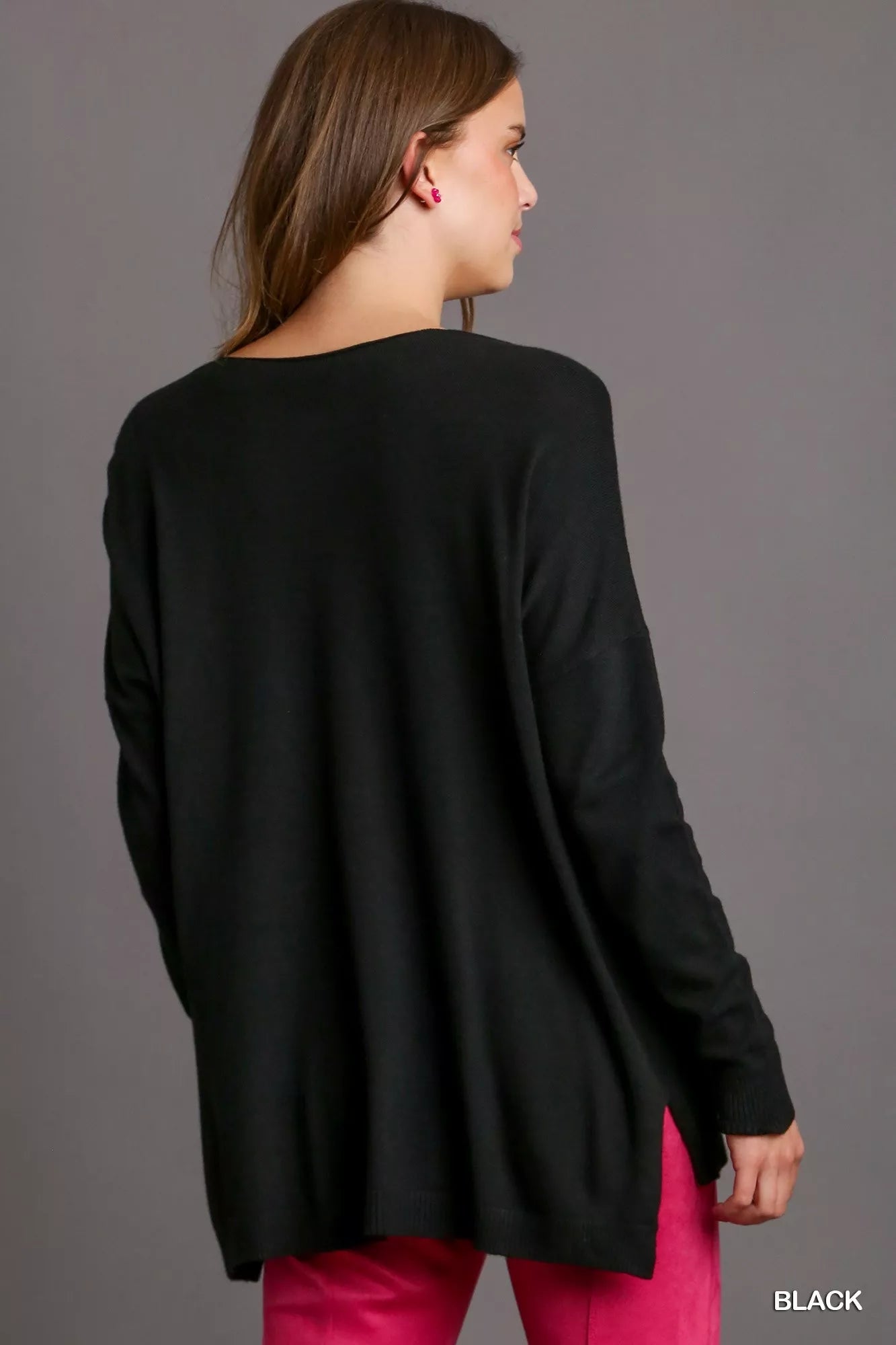 Crowned Energy CO. Black / S Trendsi Sweaters & Cardigans/Cardigans Umgee V-Neck High Low Hem Knit Top with Side Slit