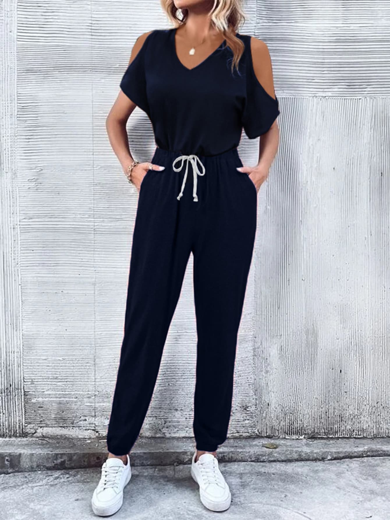 V - Neck Cold - Shoulder Jumpsuit with Pockets - Crowned Energy CO.