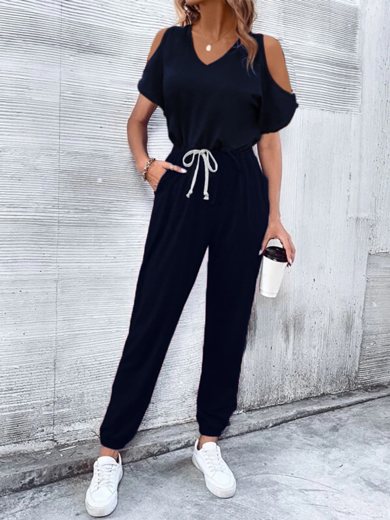 V - Neck Cold - Shoulder Jumpsuit with Pockets - Crowned Energy CO.