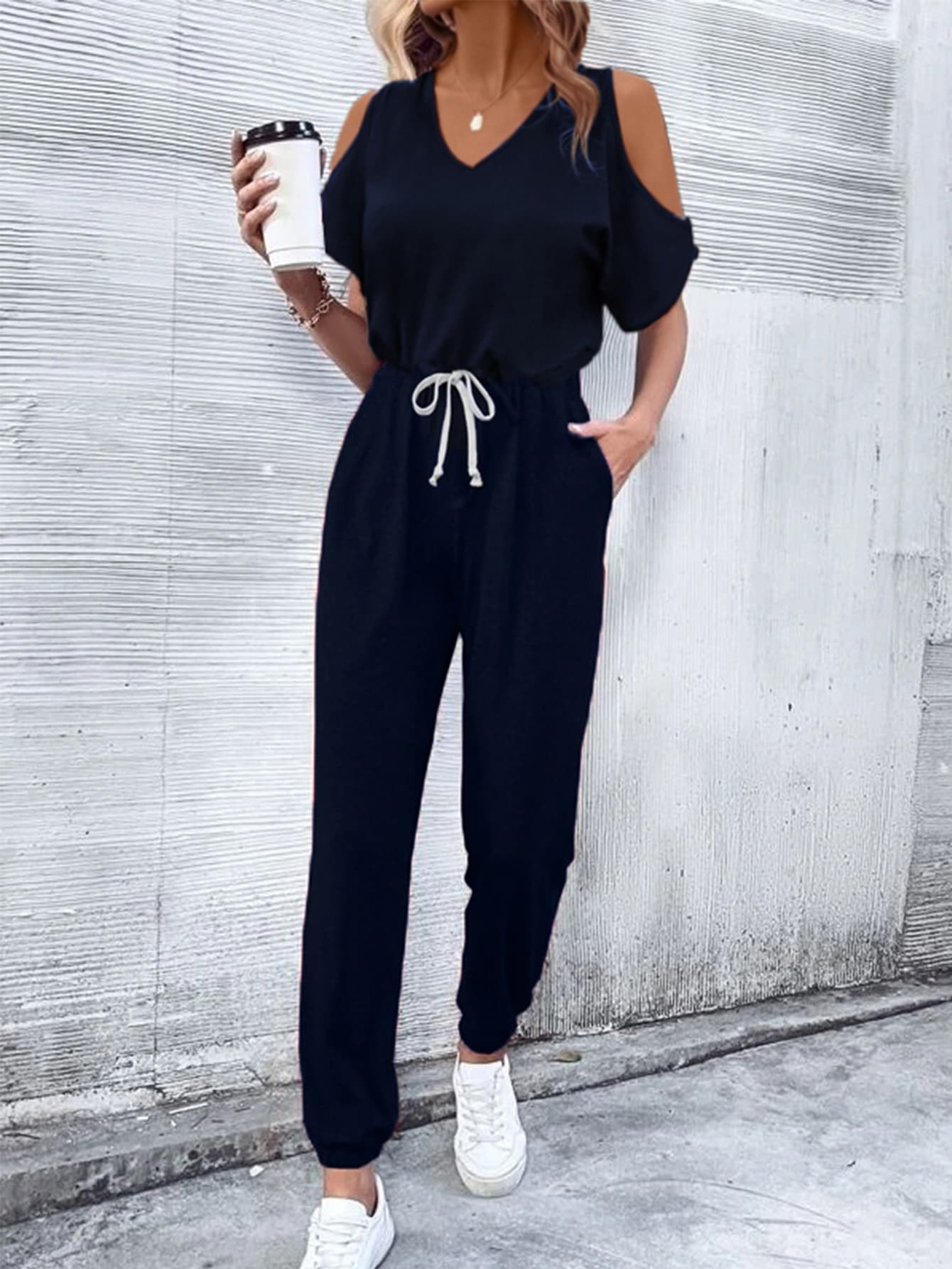 V - Neck Cold - Shoulder Jumpsuit with Pockets - Crowned Energy CO.