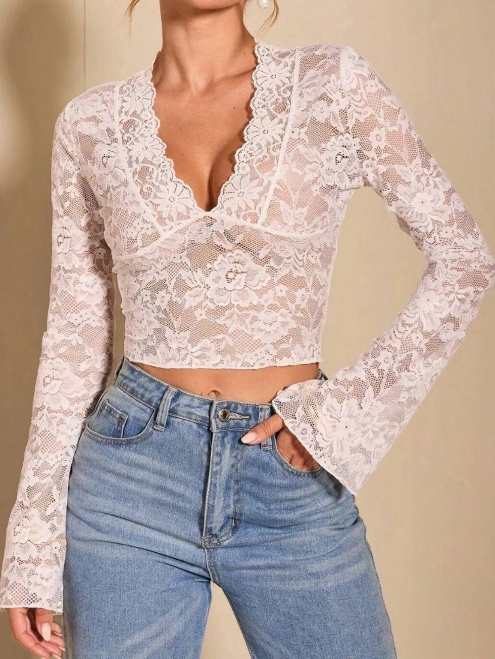 V - Neck Flare Sleeve Lace Top - Crowned Energy CO.