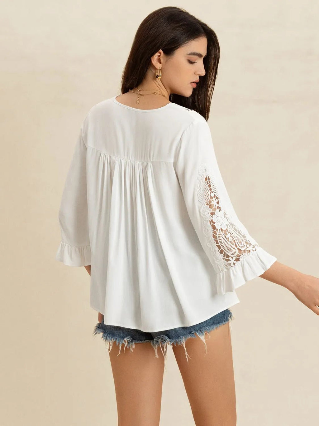 Crowned Energy CO. White / S Trendsi Tops/Blouses & Shirts V-Neck Lace Flounce Sleeve Top