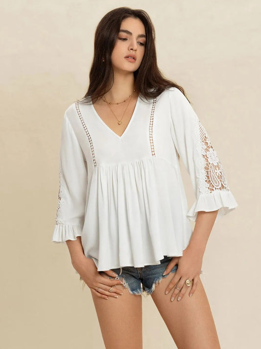 Crowned Energy CO. White / S Trendsi Tops/Blouses & Shirts V-Neck Lace Flounce Sleeve Top