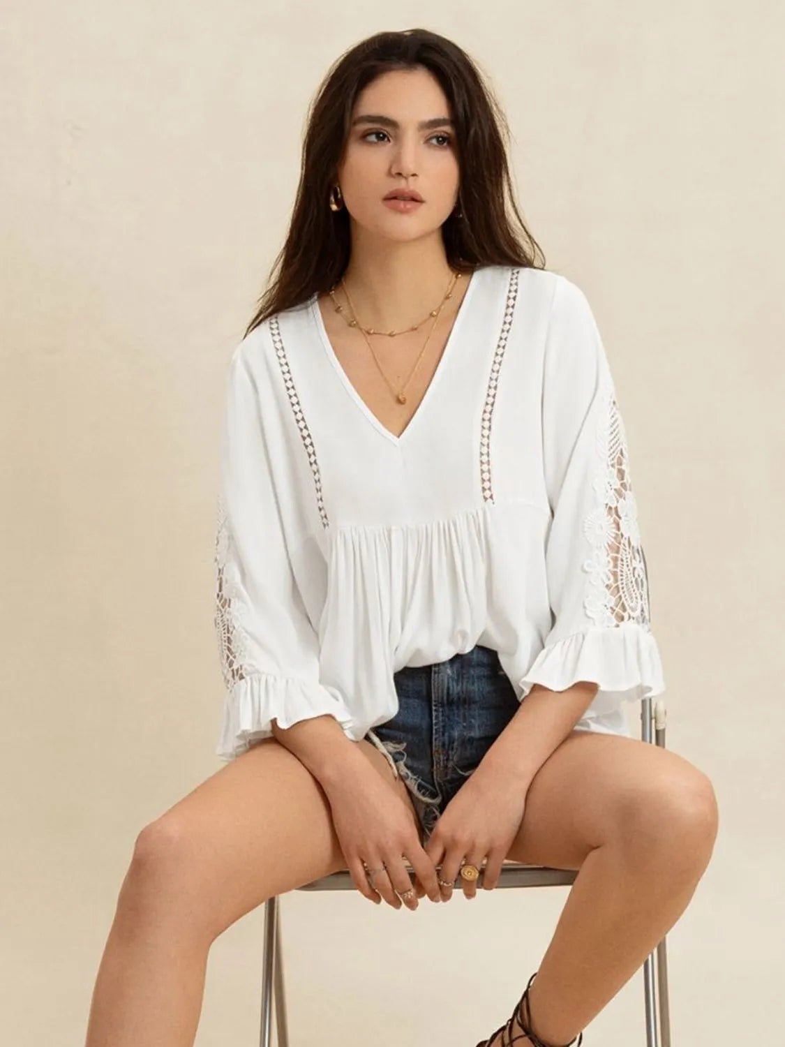 Crowned Energy CO. White / S Trendsi Tops/Blouses & Shirts V-Neck Lace Flounce Sleeve Top