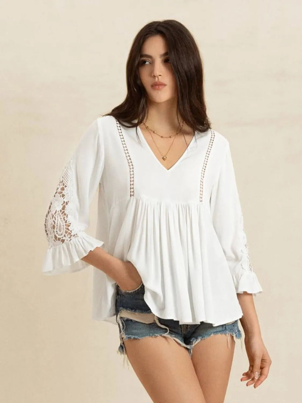Crowned Energy CO. White / S Trendsi Tops/Blouses & Shirts V-Neck Lace Flounce Sleeve Top