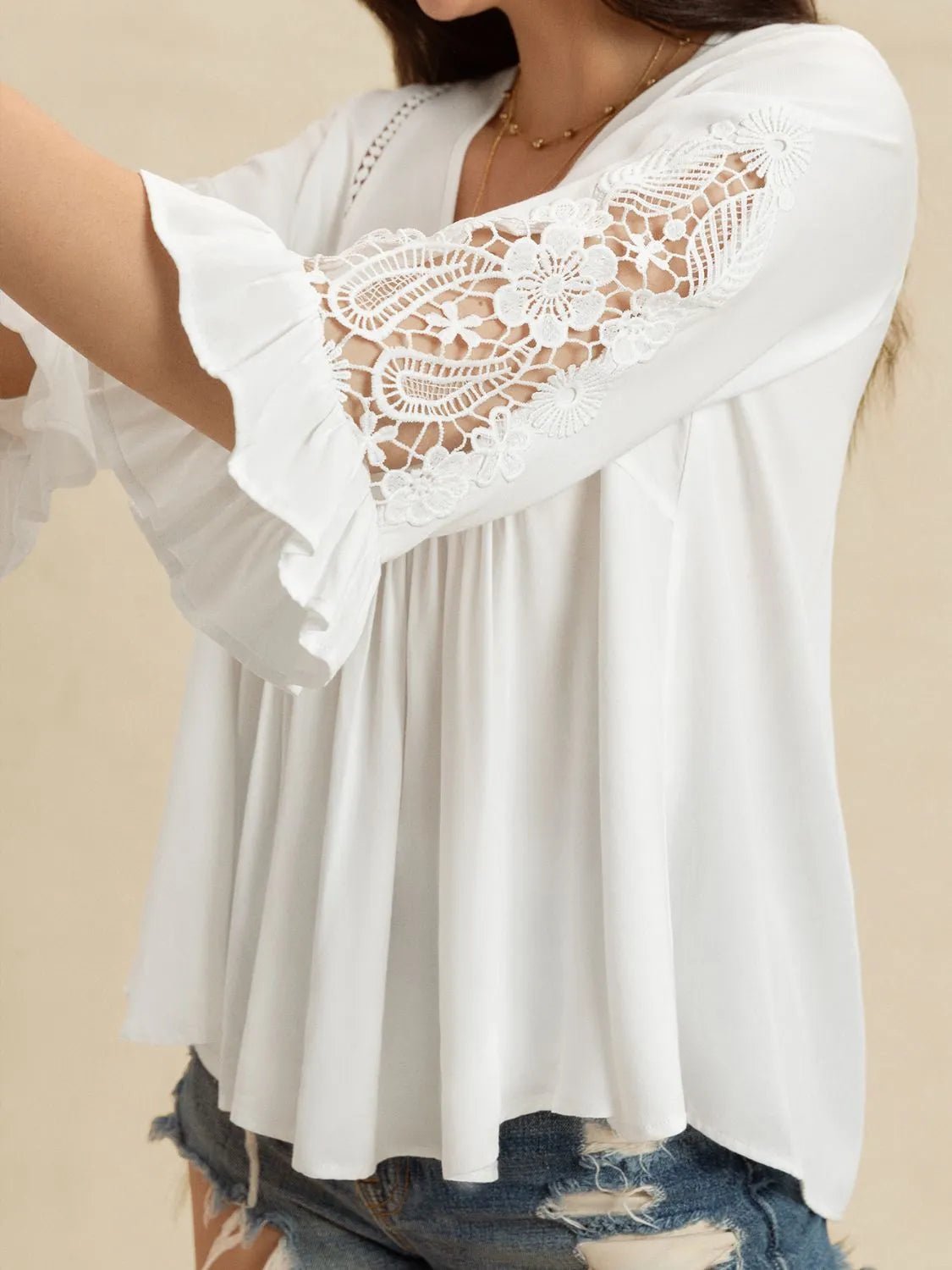 Crowned Energy CO. White / S Trendsi Tops/Blouses & Shirts V-Neck Lace Flounce Sleeve Top
