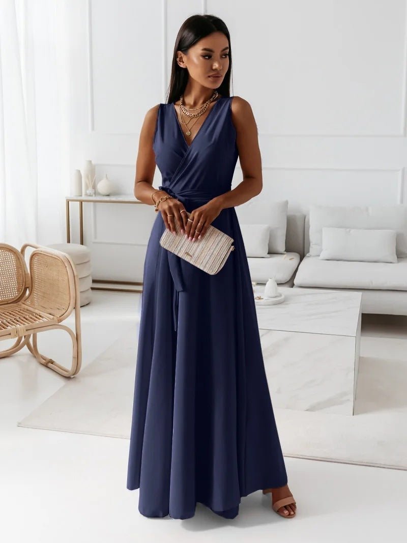 Crowned Energy CO. Navy Blue / L Goddess Vibes Dresses V-neck Sleeveless Dress With Belt Summer Fashion Party Club Evening Maxi Dresses For Women Clothing