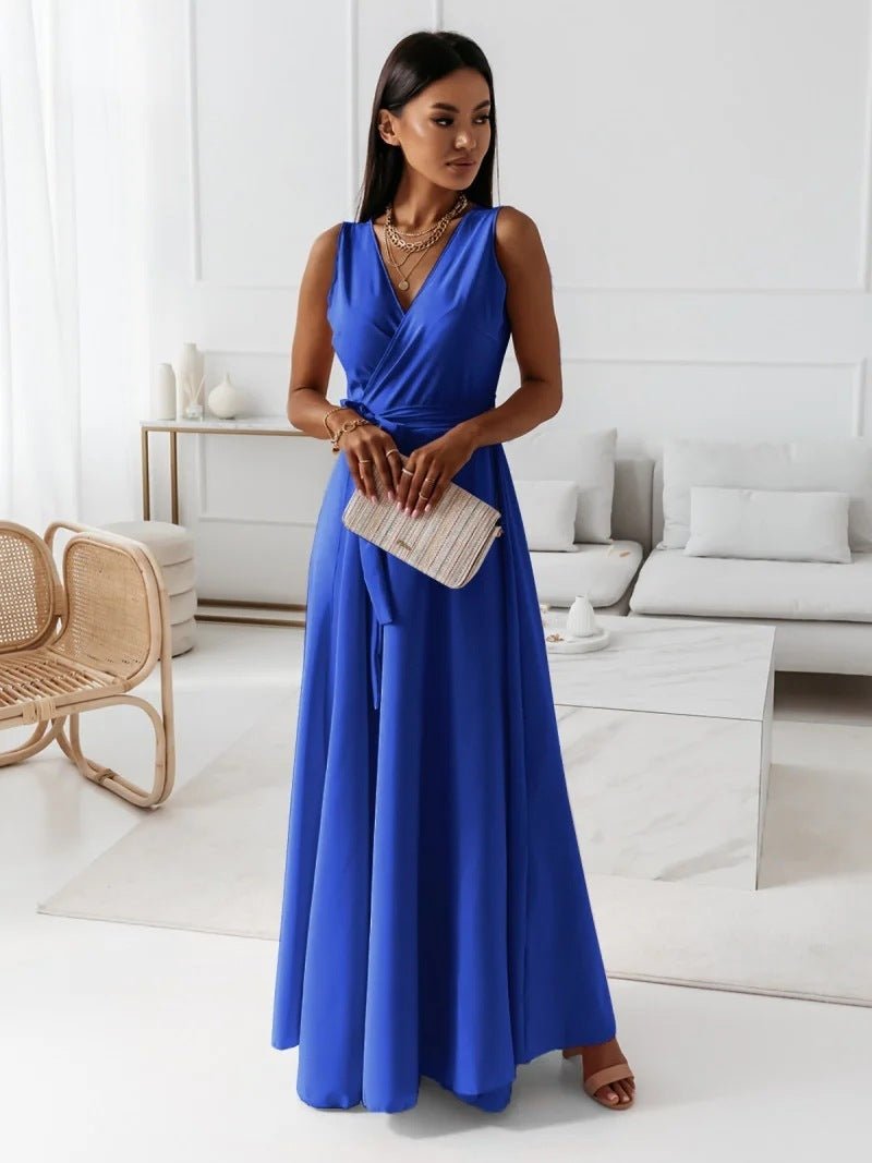 Crowned Energy CO. Blue / L Goddess Vibes Dresses V-neck Sleeveless Dress With Belt Summer Fashion Party Club Evening Maxi Dresses For Women Clothing