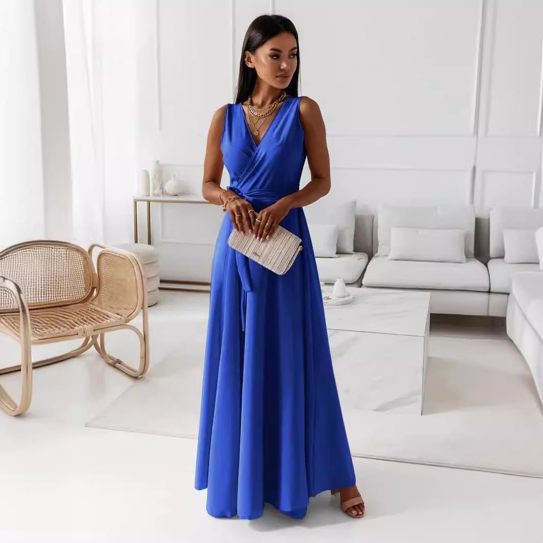 Crowned Energy CO. Blue / L Goddess Vibes Dresses V-neck Sleeveless Dress With Belt Summer Fashion Party Club Evening Maxi Dresses For Women Clothing